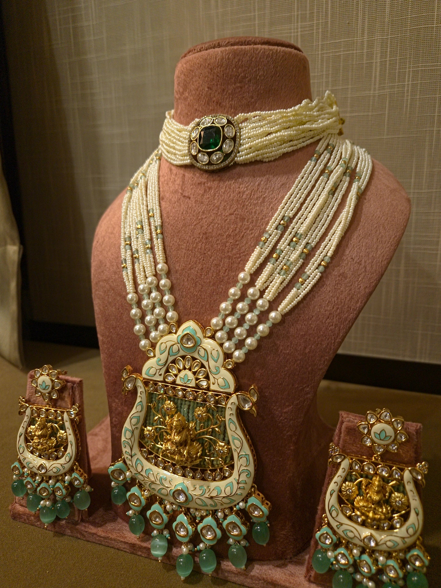 The Lakshmi Meenakari & Emerald Stone Pearl Bridal Set