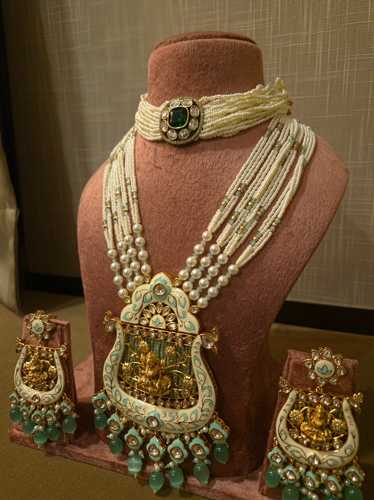 The Lakshmi Meenakari & Emerald Stone Pearl Bridal Set
