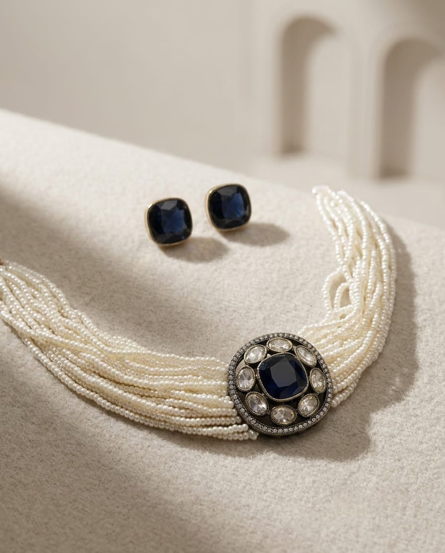 Royal Blue Stone Pearl Galabandh
