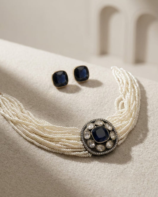 Royal Blue Stone Pearl Galabandh