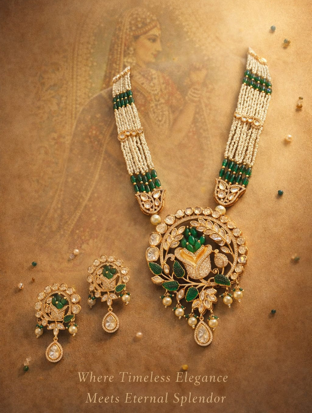 Emerald Pearl Heritage Medallion Necklace Set