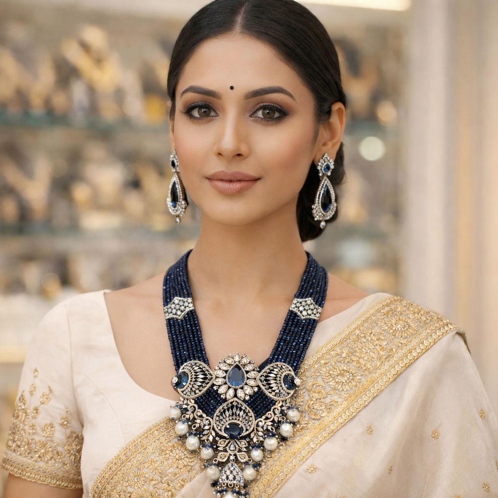 Midnight Sapphire Pearl Statement Necklace Set