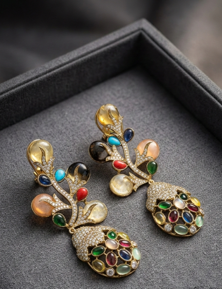 Vintage-Inspired Multi-Gemstone Floral Drop Earrings