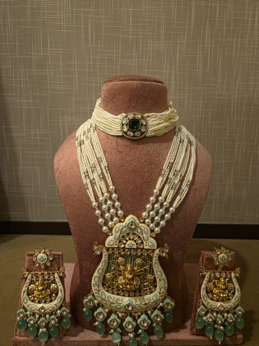 The Lakshmi Meenakari & Emerald Stone Pearl Bridal Set