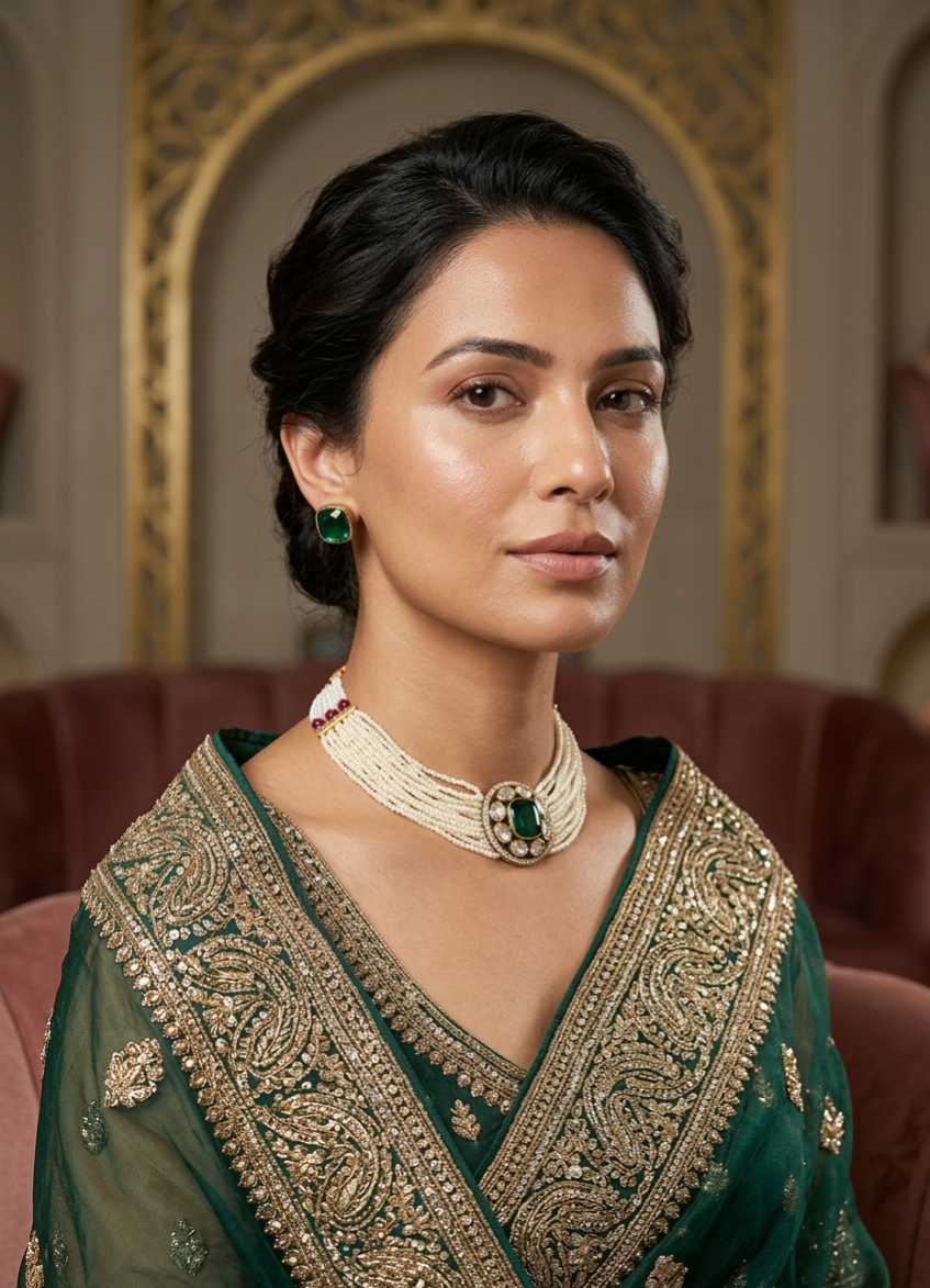 Emerald Stone Pearl Galabandh